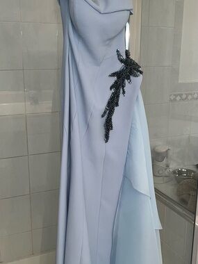 Light Blue Draped Evening Dress with Beaded Appliqué